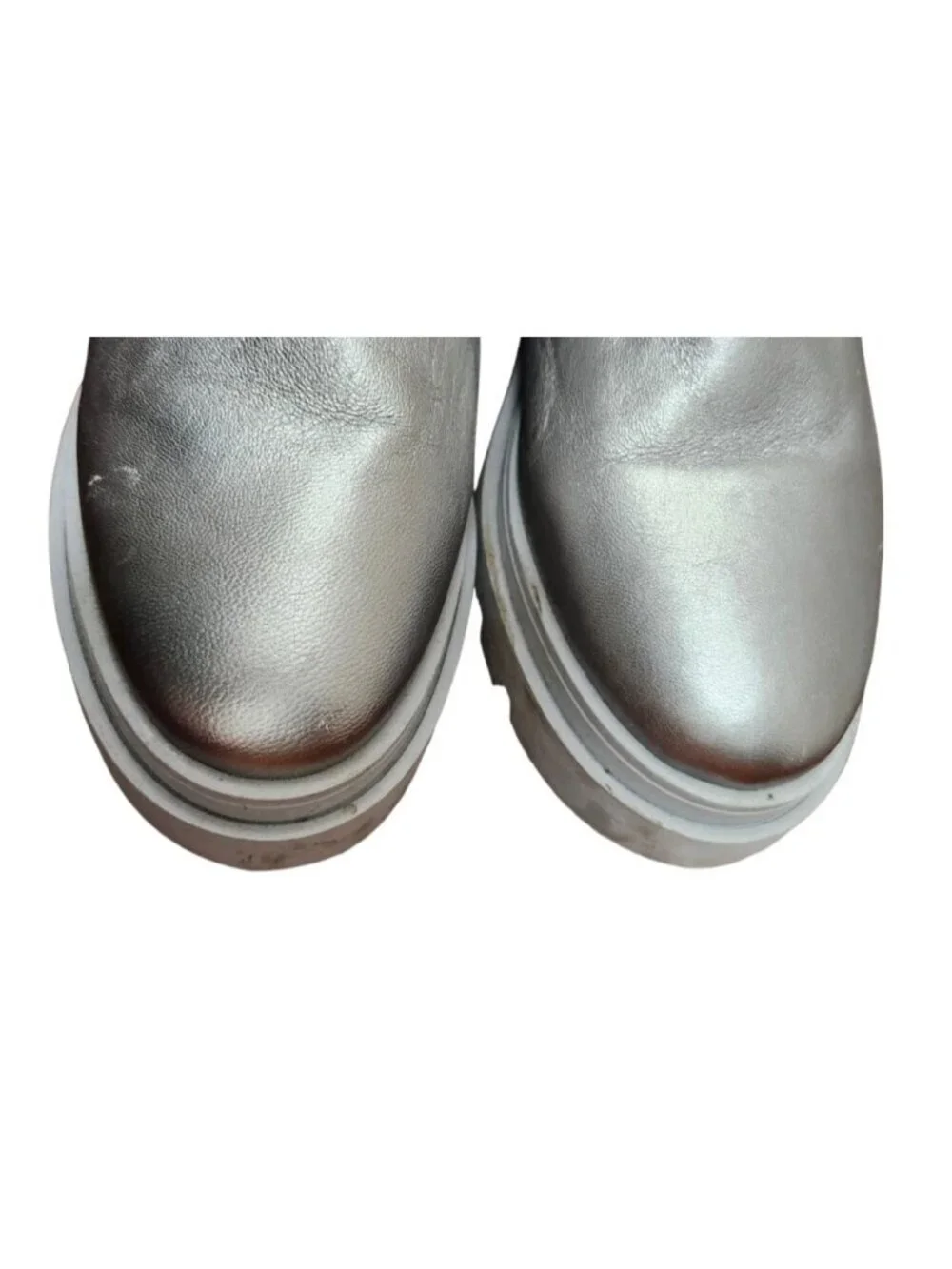 DWRS Metallic Silver Leather Ankle Boots Shearling Lined Platform Lug Sole 10.5